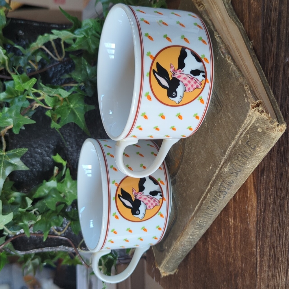 Easter Carrots Bunny Rabbit Bandana Spring Cup Soup Mug Stoneware, Set of 2